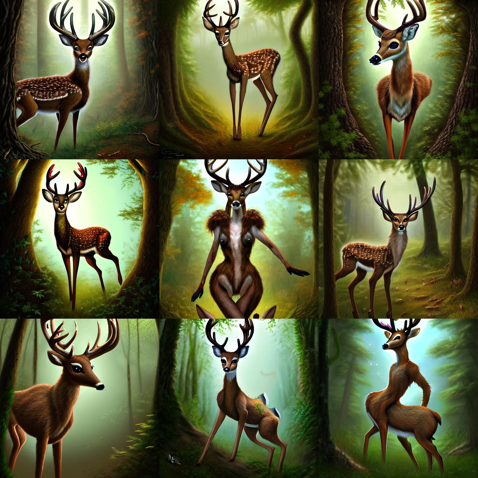 Prompt: digital painting. anthropomorphic female deer fursona frolicking in the woods, by nekro. intricate, highly detailed background. 4 k. trending on artstation.