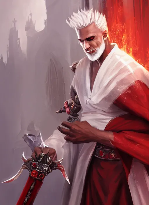 Prompt: a highly detailed illustration of sadistic white haired tanned african priest wearing white robe with red cross design, wielding divine bloody sword, evil smirk, gothic church background, intricate, elegant, highly detailed, centered, digital painting, artstation, concept art, smooth, sharp focus, league of legends concept art, wlop