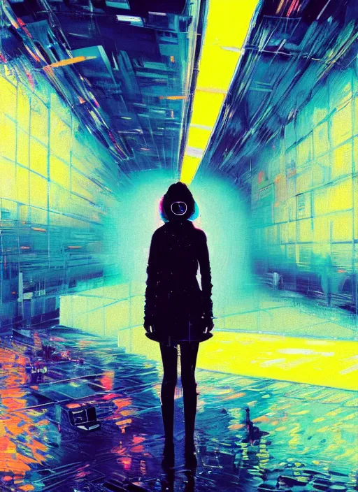 Prompt: a lonely girl alone in vast cyberspace, glitching through the rain, sunburst background, wearing sunglasses, futuristic clothes, vibrant colors, glitchy, rule of thirds, spotlight, drips of paint, expressive, passionate, by greg rutkowski, by jeremy mann, by francoise nielly, by van gogh, digital painting