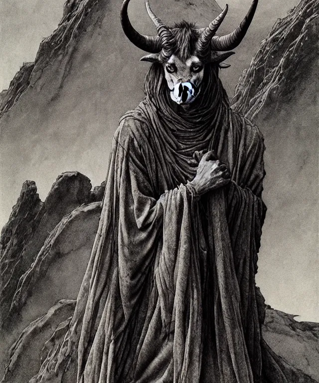 Image similar to A detailed horned goatwoman stands among the hills. Wearing a ripped mantle, robe. Perfect faces, extremely high details, realistic, fantasy art, solo, masterpiece, art by Zdzisław Beksiński, Arthur Rackham, Dariusz Zawadzki