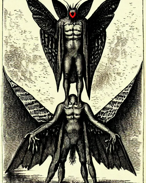 Prompt: illustration of mothman from the dictionarre infernal, etching by louis le breton, 1 8 6 9, 1 2 0 0 dpi scan