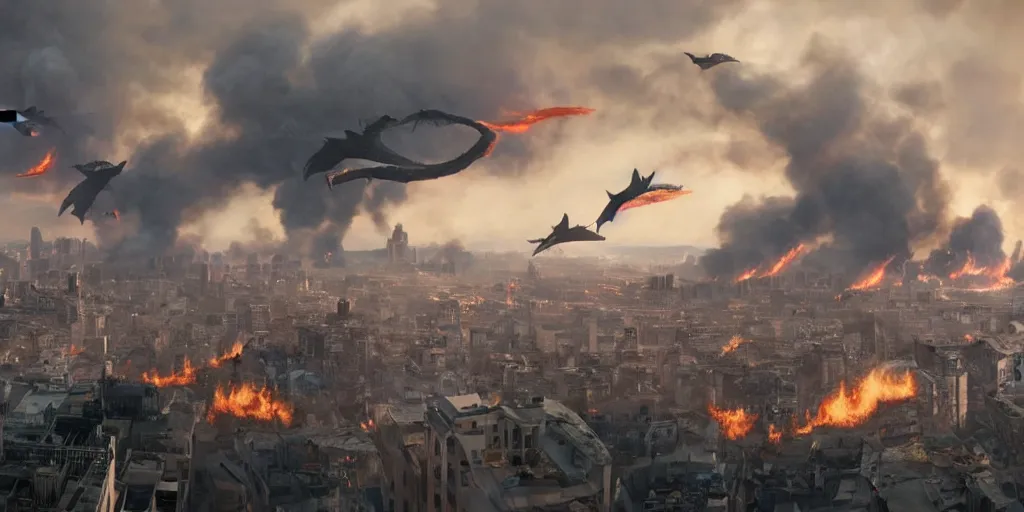 Prompt: movie frame still from live action horde of pterodactyl attacking the city, fires, smoke plumes, 8 k ultra wide angle zenith view greg rutkowski kim jung gi