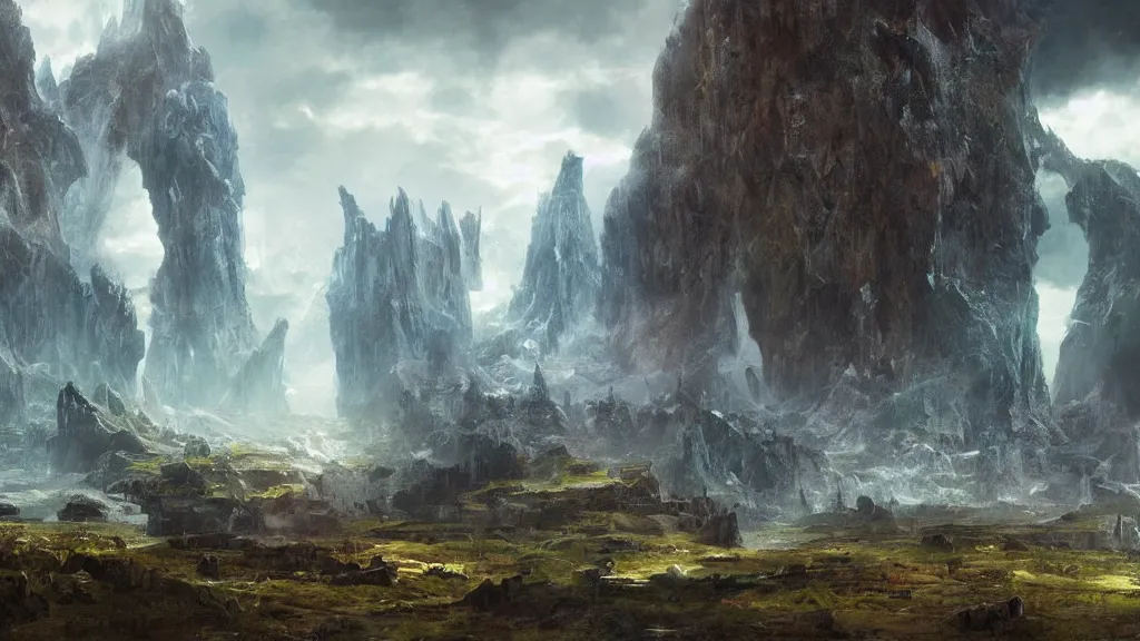 Prompt: a highly detailed landscape of Asgard, digital art by Ruan Jia, Rudolf Béres, James Zapata, Jamey Jones