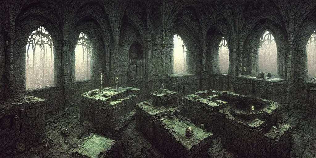 Prompt: detailed laboratory of alchemist and dark mage, room of necromancer by Beksinski, Luis Royo