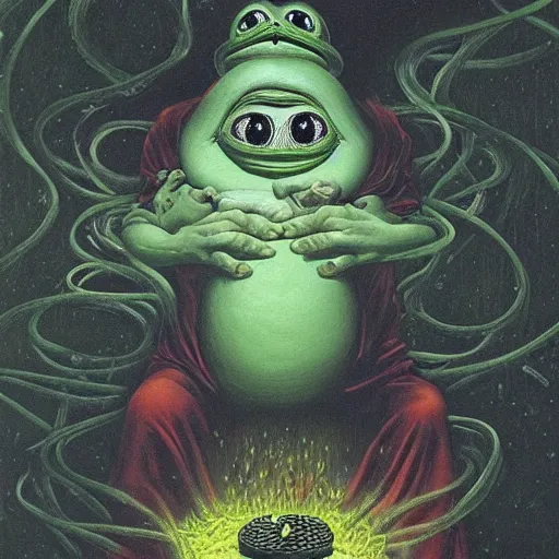 Image similar to pepe the frog being abducting in a mcdonald's, floating dark energy surrounds them. there is one cow in the corner of the room, surrounded by a background of dark cyber mystic alchemical transmutation heavenless realm. highly detailed, vivid color, beksinski painting, part by adrian ghenie and gerhard richter. art by takato yamamoto. masterpiece