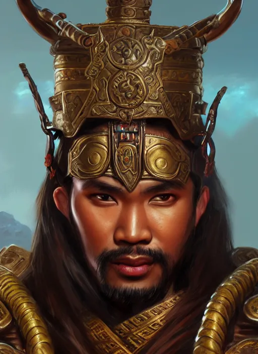 Prompt: smart tai warlord, closeup portrait, historical hero, ethnic group, khmer costume, bronze headset, intricate, with leather armor cross on bare chest, elegant, loin cloth, highly detailed, oil painting, artstation, concept art, matte, sharp focus, illustration, hearthstone, art by earl norem