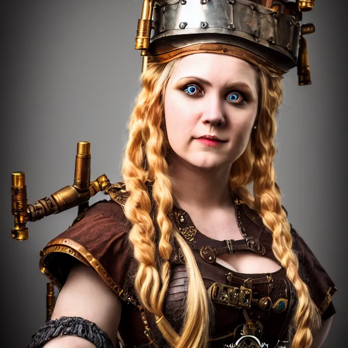 Prompt: full length portrait photograph of a real-life beautiful female steampunk viking, Extremely detailed. 8k