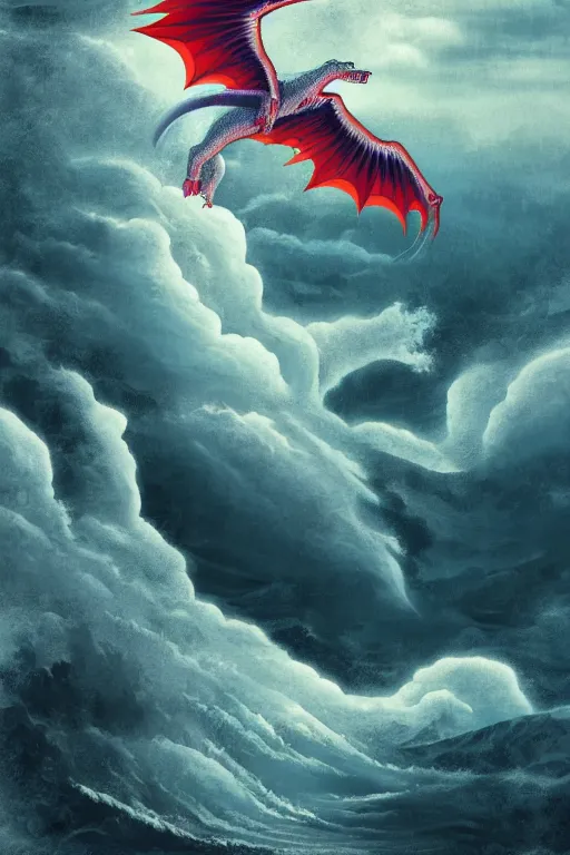 Prompt: Japanese poster art of a white dragon flying in front of a stormy sea during a thunderstorm, cliffs, clouds, thunder adobe illustrator, graphic design 4k, colourful, abstract design,