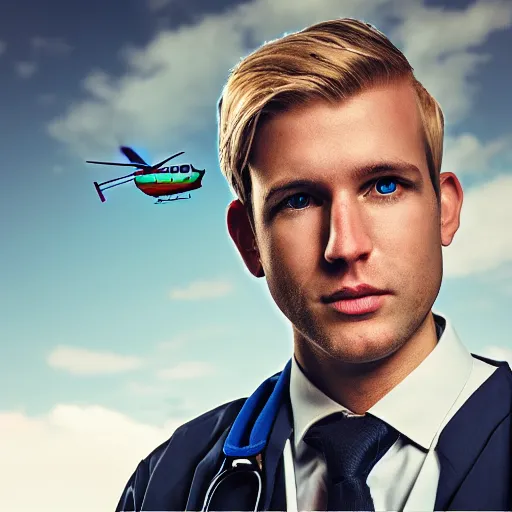 Prompt: blond male doctor in front of helicopter, epic lighting, digital art