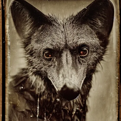 Prompt: ambrotype portrait of bedraggled crow - coyote creature wearing rain coat, 3 5 mm, f 2. 8, shallow depth of field, hand - tinted