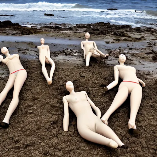 Image similar to plastic mannequins drowning in quicksand on epstein island, highly detailed facial expressions