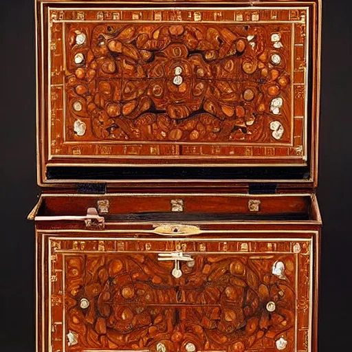 Image similar to edwardian photograph of a fine vizagapatam rosewood and ivory-inlaid workbox, south india, made in 1650, beautiful, ornate, very grainy, slightly blurry, 1900s, 1910s