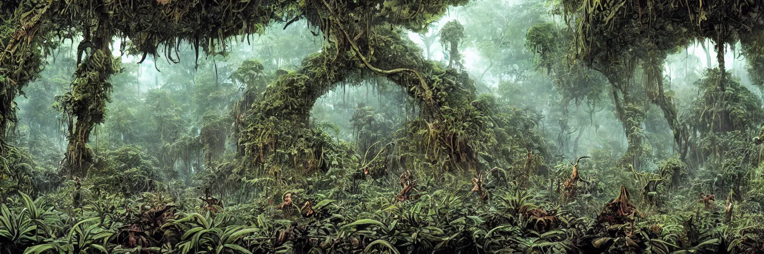 Image similar to underground cave on an exotic alien planet with a jungle canopy of antler trees in the background, leafy overgrowth, insectile weeds, by ian miller, rodney matthews and al feldstein, photorealistic render