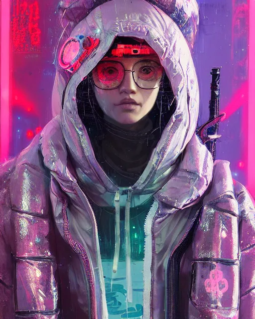 Image similar to detailed portrait Neon Operator Girl, cyberpunk futuristic neon, reflective puffy coat, decorated with traditional Japanese ornaments by Ismail inceoglu dragan bibin hans thoma greg rutkowski Alexandros Pyromallis Nekro Rene Maritte Illustrated, Perfect face, fine details, realistic shaded, fine-face, pretty face