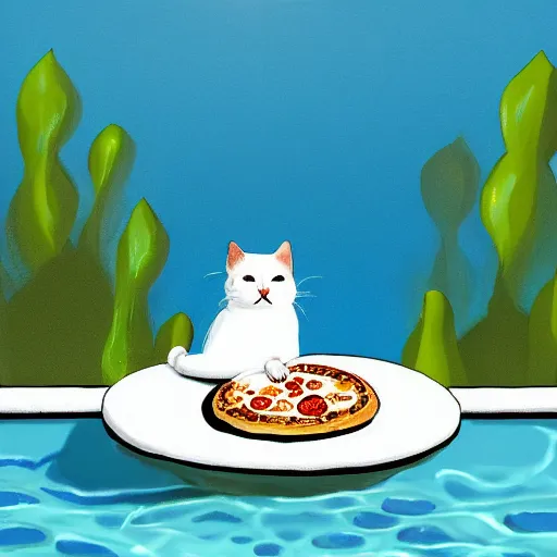 Prompt: white cat eating pizza in a pool by Buchholz, Quint