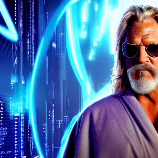 Image similar to dude lebowski dressed in bathrobe played by jeff bridges, stuck in tron realm, photorealistic movie still, detailed 8 k, poster style, high resolution