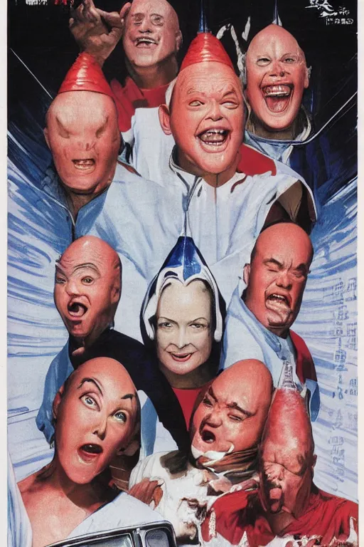 Image similar to coneheads, japanese vhs cover art, detailed facial expressions