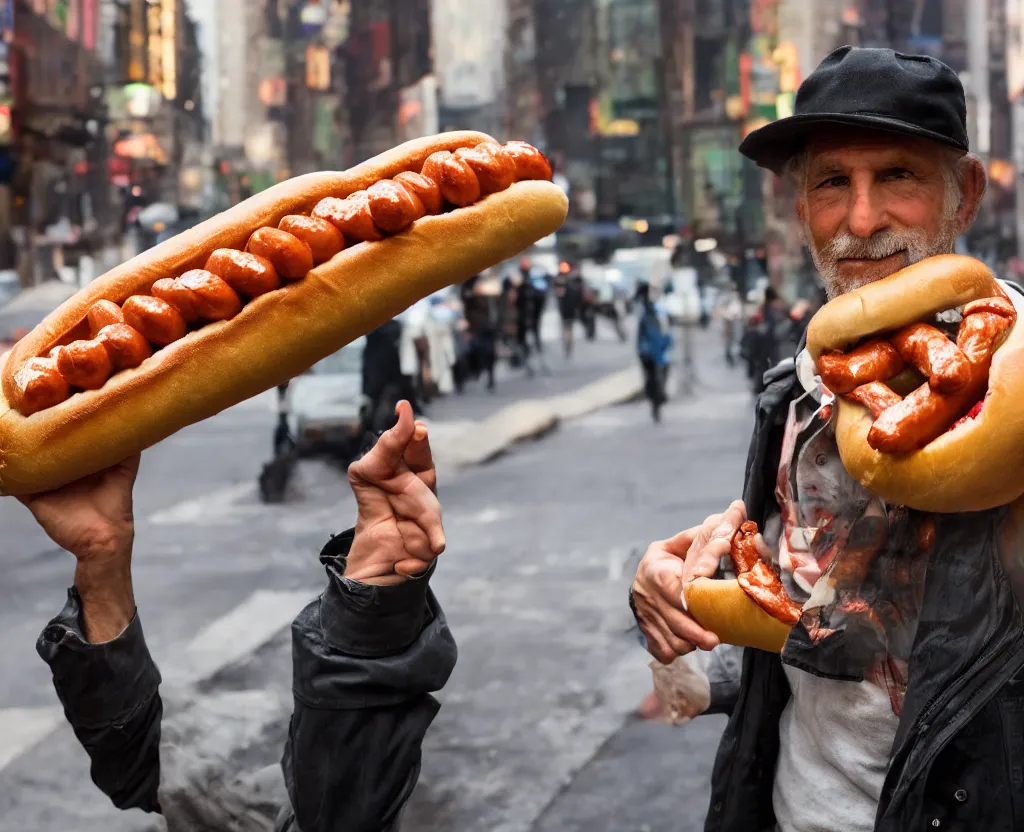 Image similar to closeup portrait of a man carrying a giant hotdog, smoky new york back street, by Annie Leibovitz and Steve McCurry, natural light, detailed face, CANON Eos C300, ƒ1.8, 35mm, 8K, medium-format print