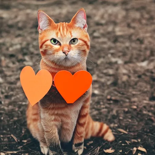 Prompt: cute orange tabby cat holding a sign with a red heart symbol