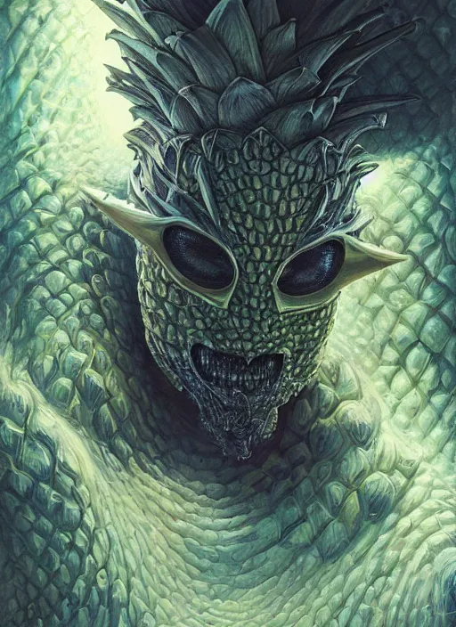 Image similar to pineapple mf doom reptile eyes, luminescent pineapple skin. intricate, elegant, highly detailed, centered, digital painting, artstation, concept art, smooth, sharp focus, illustration, artgerm, tomasz alen kopera, peter mohrbacher, donato giancola, joseph christian leyendecker, wlop, frank frazetta