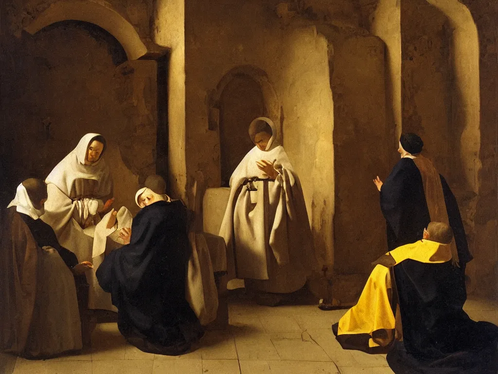 Prompt: solemn tridentine latin mass celebrated on the solemnity of the immaculate heart of mary in roman catacombs, oil painting in the style of vermeer