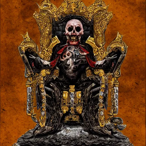 Image similar to illustration. the corpse emperor on his golden throne. 4 0 k. body horror.