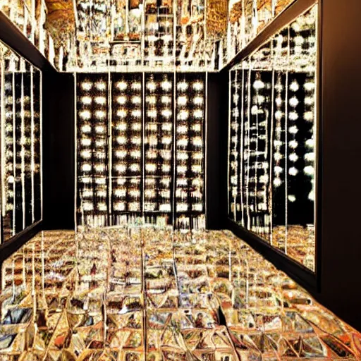 Prompt: a room made out of mirrors with a lazer pointer switched on