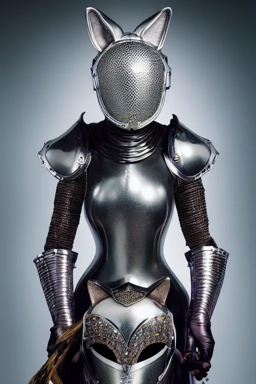 Image similar to female knight wearing a real cat on her head, armor designed by wayne barlowe, swarovski and tiffany, blonde hair, symmetry, sci - fi, cinematic, elegant, luxury, perfect light, perfect composition, dlsr photography, sharp focus, dark fantasy, 8 k, ultra hd, sense of awe, highly detailed, realistic, intricate