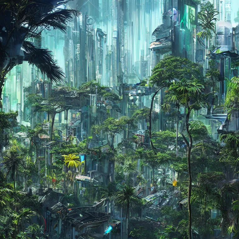 Prompt: cyberpunk visor, cyberpunk buildings in the tropical forest, wild jungles with organic housing, cyberpunk, high - quality surreal painting