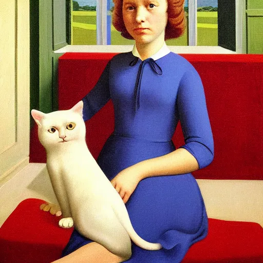 Prompt: a girl and her cat by Raphael, Hopper, and Rene Magritte. detailed, romantic, enchanting, trending on artstation.