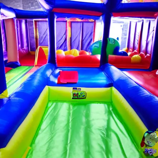 Image similar to a darkly lit indoor playplace bounce house photo taken with a deposable camera, limital space