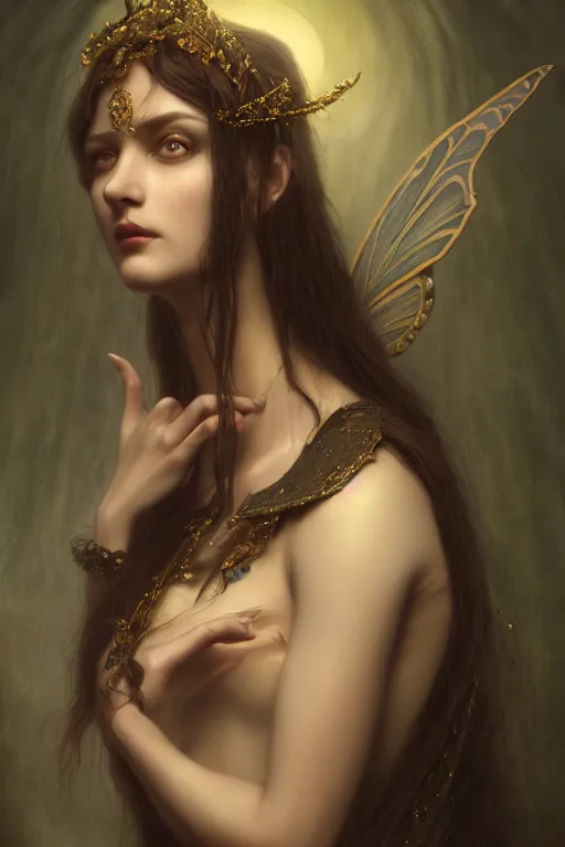 Image similar to a portrait of elegant beautiful dark nymph, queen of the dark fairies, bored, illustration, dramatic lighting, soft details, painting oil on canvas, art nouveau, octane render, HDR, 4k, 8k, HD, by Edmund Blair Leighton, Brom, Charlie Bowater, trending on artstation, faces by Otto Schmit