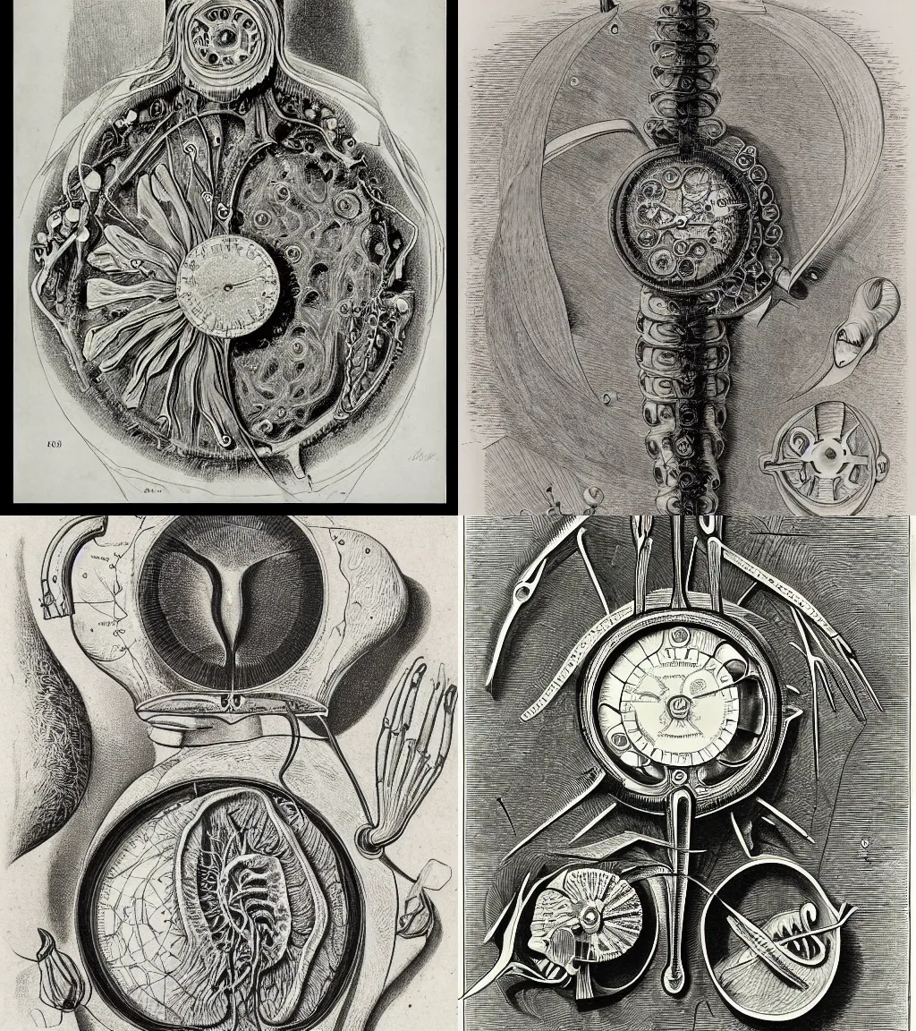 Prompt: anatomical sketch of watch by max ernst haeckel