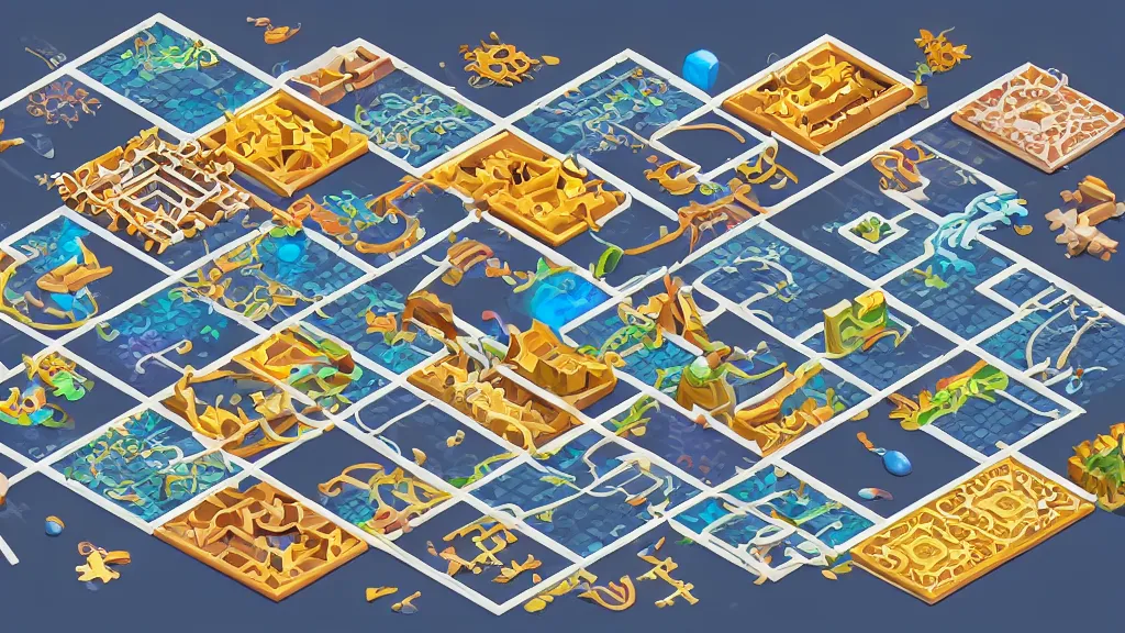 Prompt: sketched seasonable change isometric puzzle game, intricate design change