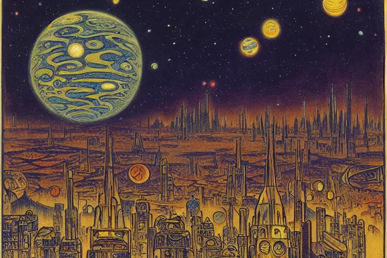 Image similar to a scifi illustration, Night City on Tatooine by Louis Wain (1920)