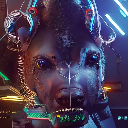 Image similar to cyborg hyena in cyberpunk 2 0 7 7, wires and neon lights, realistic highly detailed video game concept art,