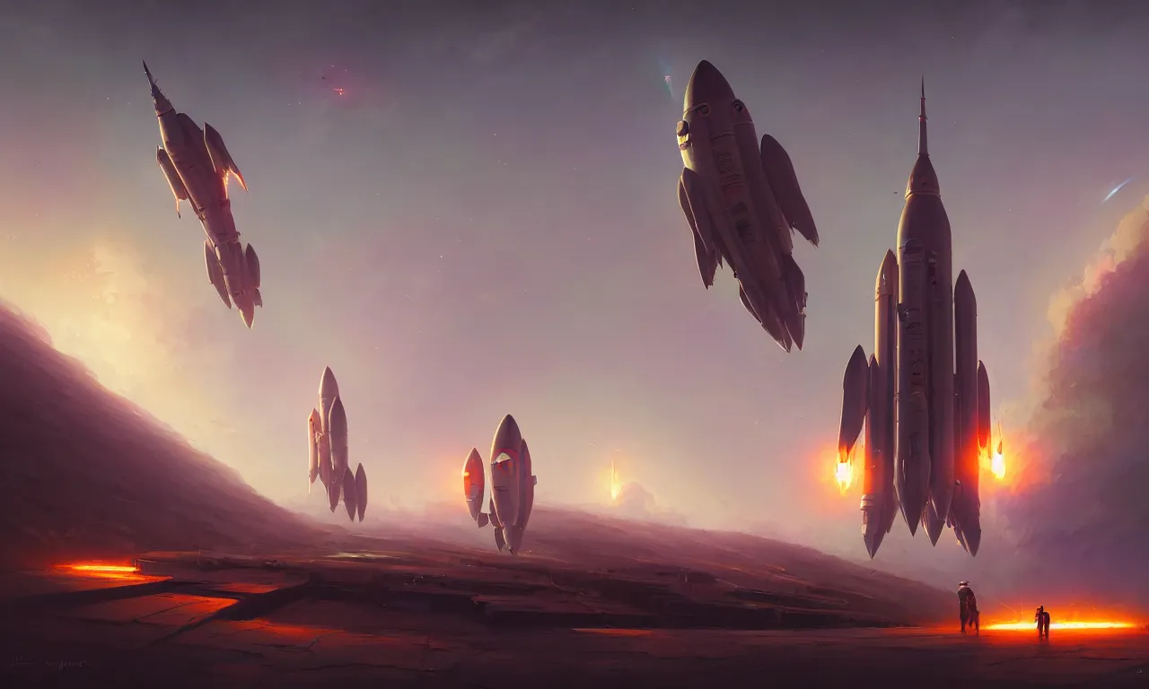 Image similar to Rocket lunch, rocket on the launch pad, concept art, low angle, high detail, warm lighting, volumetric, godrays, vivid, beautiful, trending on artstation, by Jordan grimmer, art greg rutkowski