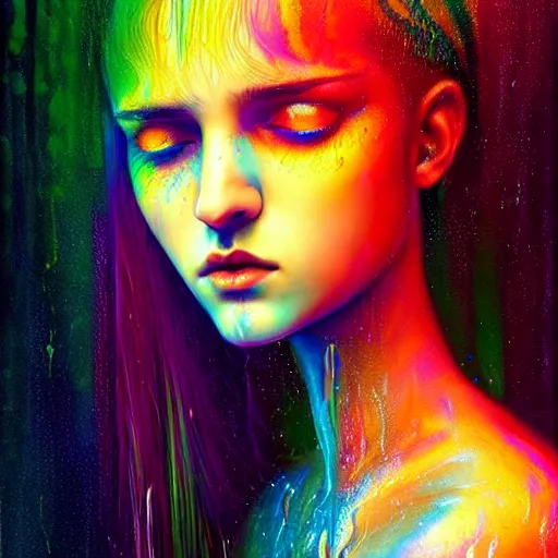 Prompt: portrait of girl in colored psychedelic rain with wet hair and face, fantasy, intricate, elegant, dramatic lighting, intense emotion, highly detailed, lifelike, photorealistic, digital painting, artstation, concept art, smooth, sharp focus, illustration, art by John Collier and Albert Aublet and Krenz Cushart and Artem Demura and Alphonse Mucha