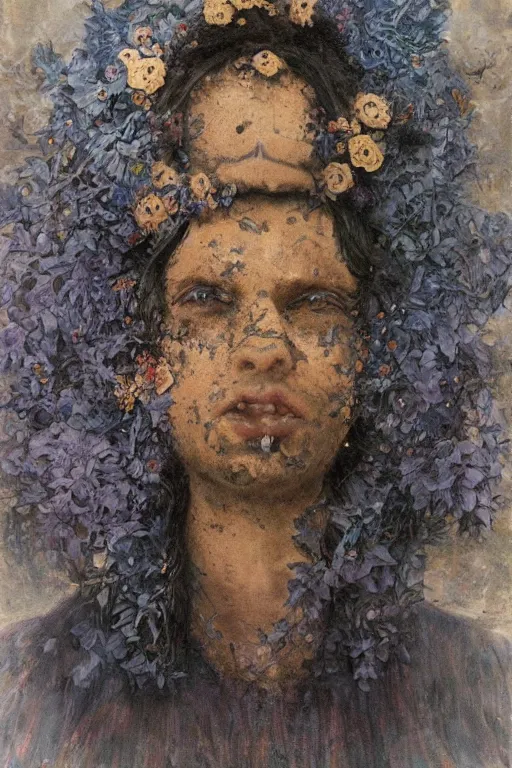 Prompt: portrait of beautiful gothic young man, warhammer, cyberpunk, a lot of scars, more and more flowers, blue head, the middle ages, highly detailed, artstation, illustration, art by jean delville, 8 k quality, beksinski, bradley, otherworldly, andre le notre, psychedelic