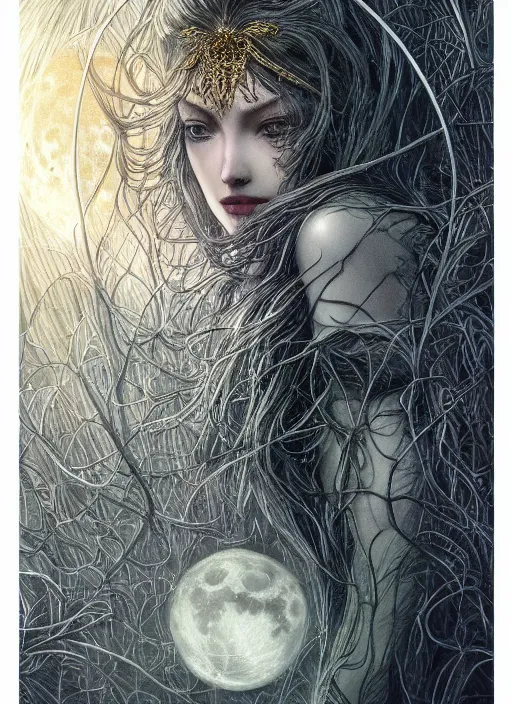 Image similar to glowing silver and golden elements, portrait, A beautiful dark witch in front of the full big moon, book cover, green forest, red white black colors, establishing shot, extremly high detail, foto realistic, cinematic lighting, pen and ink, intricate line drawings, by Yoshitaka Amano, Ruan Jia, Kentaro Miura, Artgerm, post processed, concept art, artstation, matte painting, style by eddie, raphael lacoste, alex ross