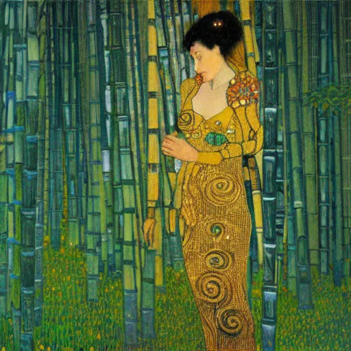 Image similar to fantasy art concept art beautiful lighting of a woman in a bamboo forest by klimt