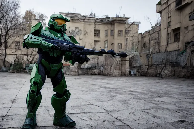 Image similar to wide shot of master chief in ukraine