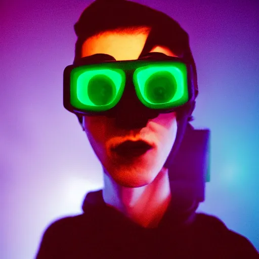 Prompt: kodak portra 4 0 0 photograph of a skinny goth nerd sitting in front of computer screen with face lit up, wearing goggles, moody lighting, telephoto, 9 0 s vibe, blurry background, vaporwave colors, faded!,