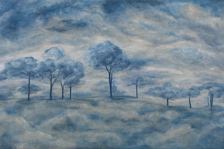 Image similar to reaction diffusion landscape with trees and clouds