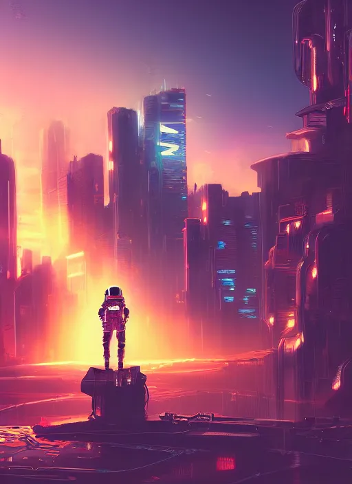 Image similar to An aesthetic Astronaut in a cyberpunk city during a sunset , extremely detailed digital painting, mystical colors, rim light, beautiful Lighting, 8k, stunning scene, raytracing