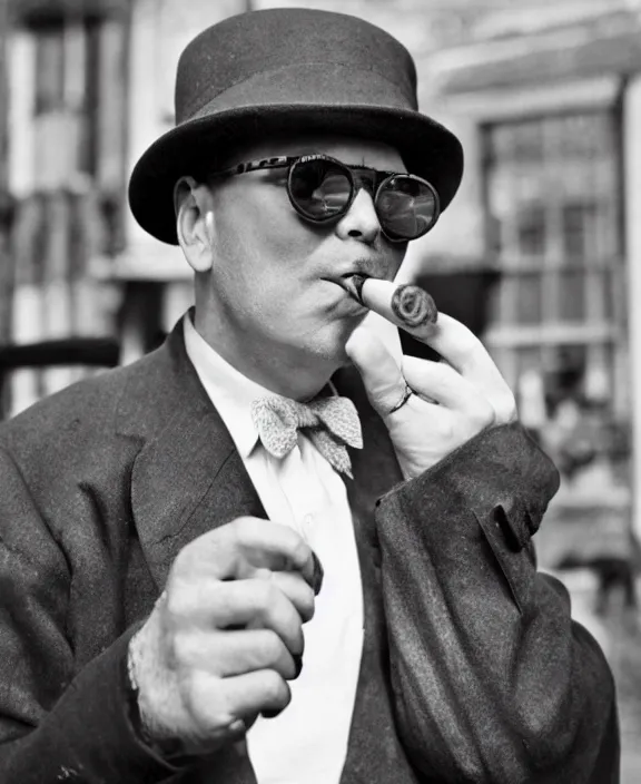 Prompt: a vintage photo medium shot of a middle - aged man wearing a round bowler and sunglasses, holding a cigar. very coherent.