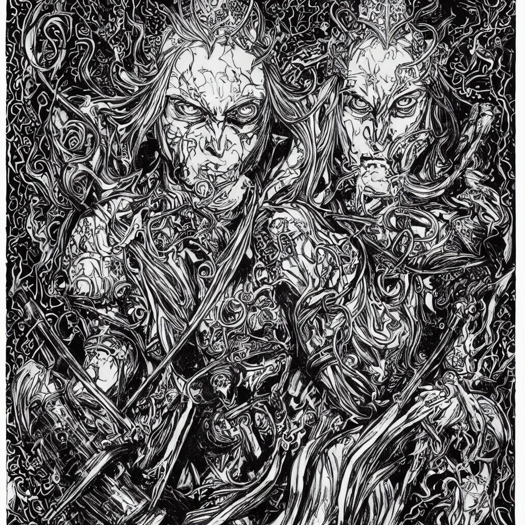 Image similar to A colorful art nouveau bust portrait of Elric in black shining armor, holding a rune-engraved black broadsword that glows with eldritch power, wearing an intricately detailed chaos star crown, by P. Craig Russell, Michael Kaluta and Jia Ruan, fantasy, crisp lighting and edges, dark ambience, malevolent expression, determination, fear, confidence, accurate symmetrical facial details, aquiline facial features, medieval fantasy designs, white wolf, anime style