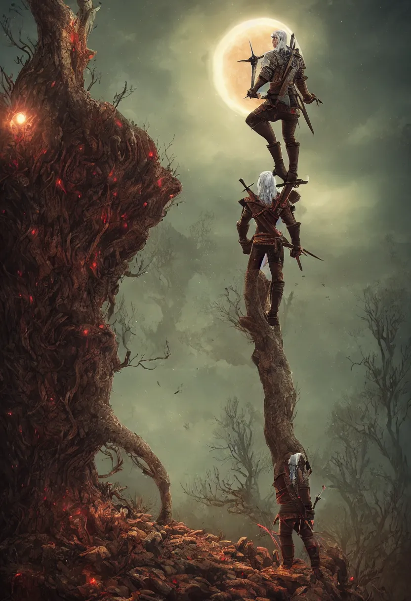 Image similar to Renfri from the Witcher universe standing on a short treestump, red lunar eclipse, detailed, fantasy, in the style of Anna Podedworna, Bryan Sola, Bartlomiej Gawel, Bogna Gawrońska, Ástor Alexander, Bogdan Rezunenko, Gwent, epic composition, red background