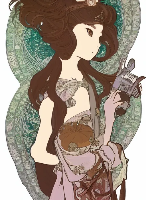 Image similar to photographer character design on white background, drawn by studio ghibli, alphonso mucha, lolish, trending on artstation