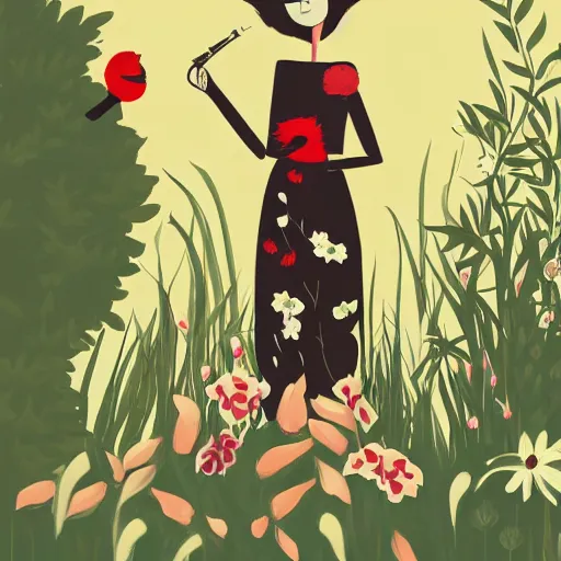 Image similar to Woman standing in a black dress, black and red lips and white hair, she is standing in a garden with flowers and birds James Gilleard